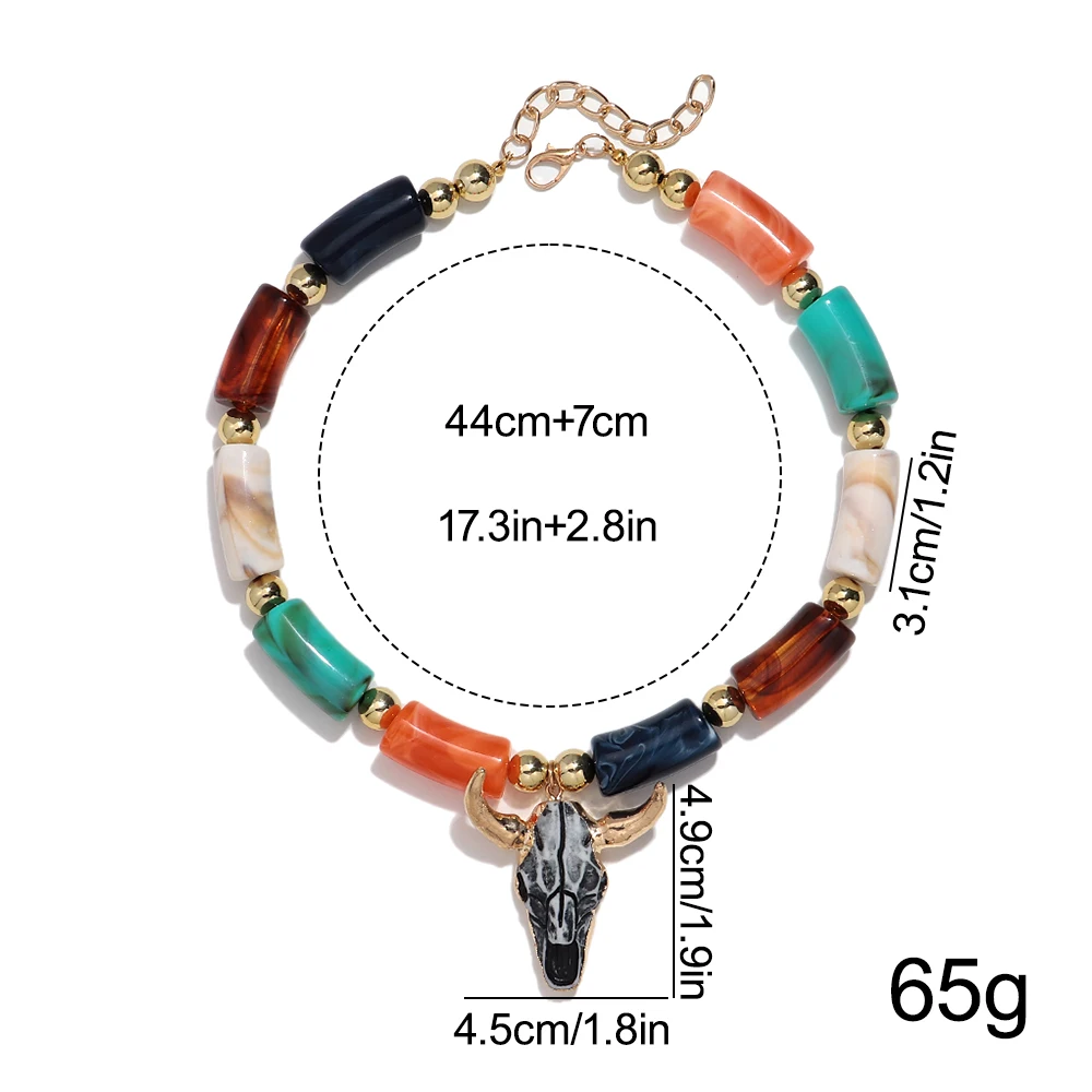 Vintage Acrylic Chunky Tube Beads Bull Head Pendant Necklace Geometric Beaded Choker Necklaces Fashionable Jewelry Gifts
