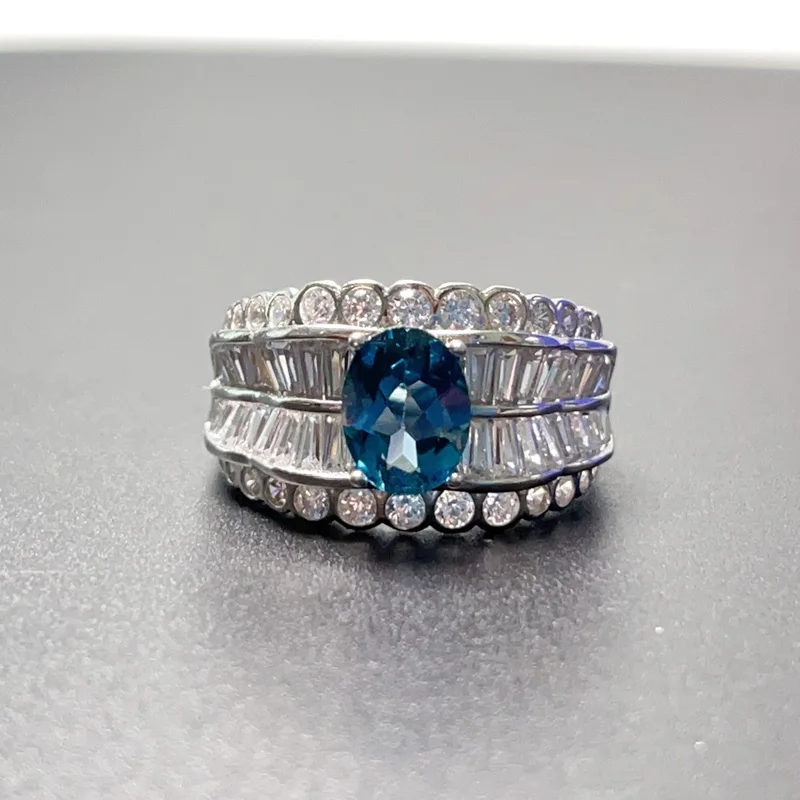 

Deep Blue Topaz Silver Ring for Party 6mm*8mm 1ct Natural London Blue Topaz Ring with Gold Plating Woman Birthday Gift