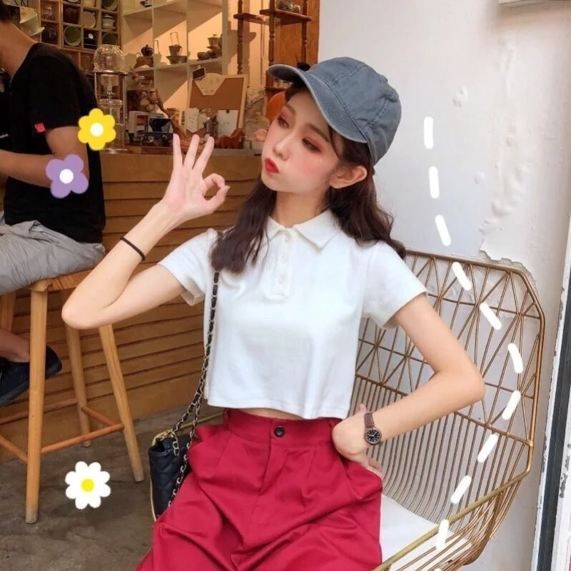 

Short Sleeve T-shirts Women Crop Tops Kawaii Sexy Trendy Casual Basic Summer Holiday Korean Style футболка Young Preppy Mujer