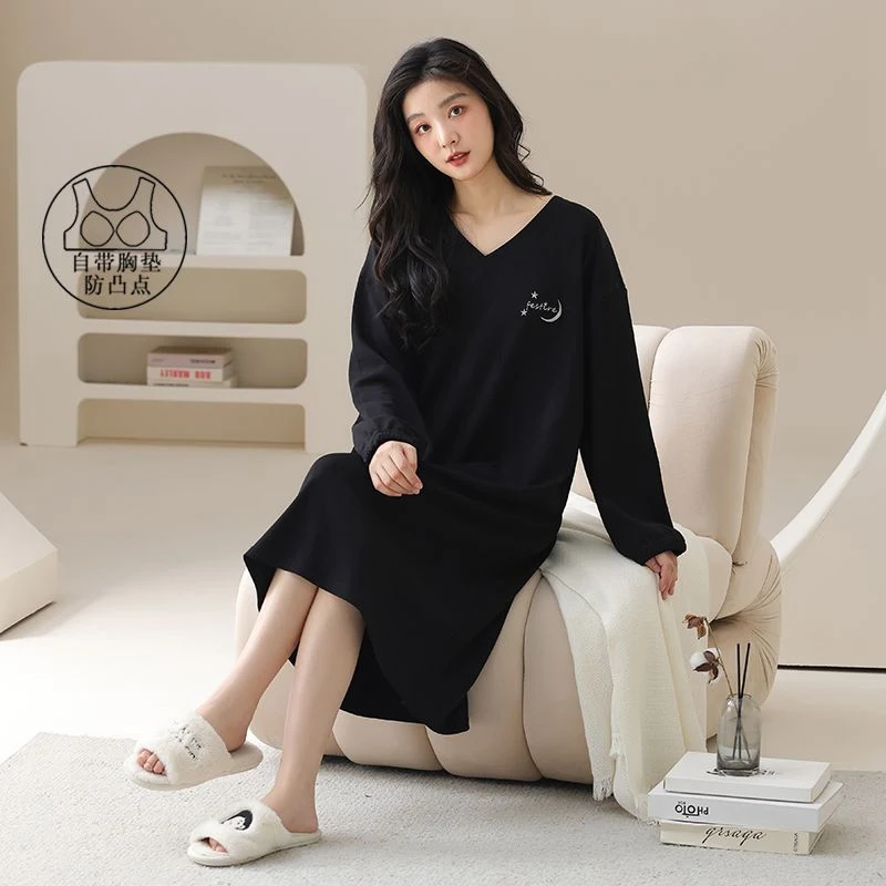 

2025 Spring Long Sleeve V-neck 100% Cotton Nightgowns for Women Korean Loose Sleepwear Ladies Night Dress Nightdress Home Nighty