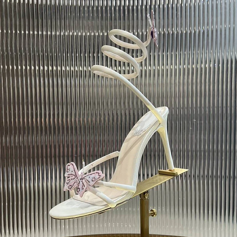 Sandalia Women's Ankles Snake Shaped Elastic Band Dress Shoes Satin Crystal Butterfly Decor Thin High Heels Sandals Summer Pumps