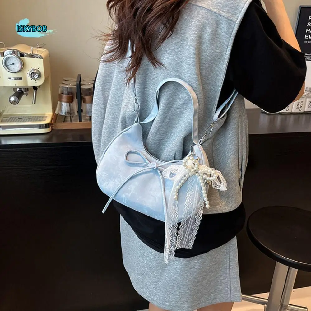 

Ins Large Capacity Bow Shoulder Bag Solid Color Korean Style PU Hobo Bag Fashion Design Handbag French Style Handbag Travel