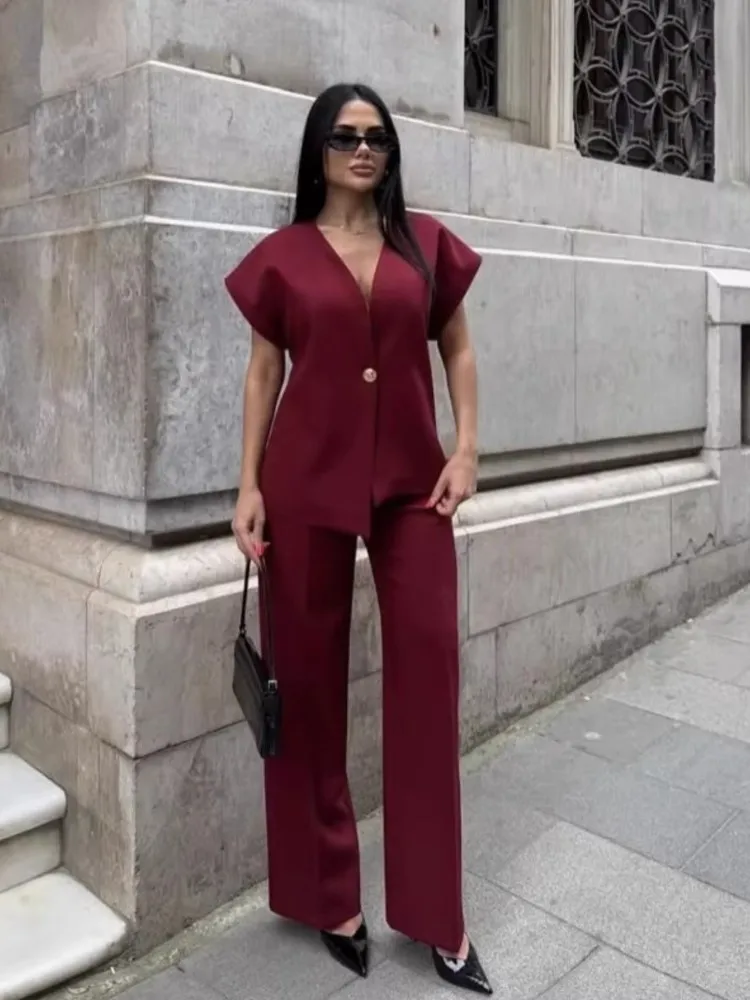 

Casual 2 Piece Pants Sets Women Solid One Button Blazer Zippers High Waist Pleat Wide Trousers 2025 Spring Summer Lady Outfits