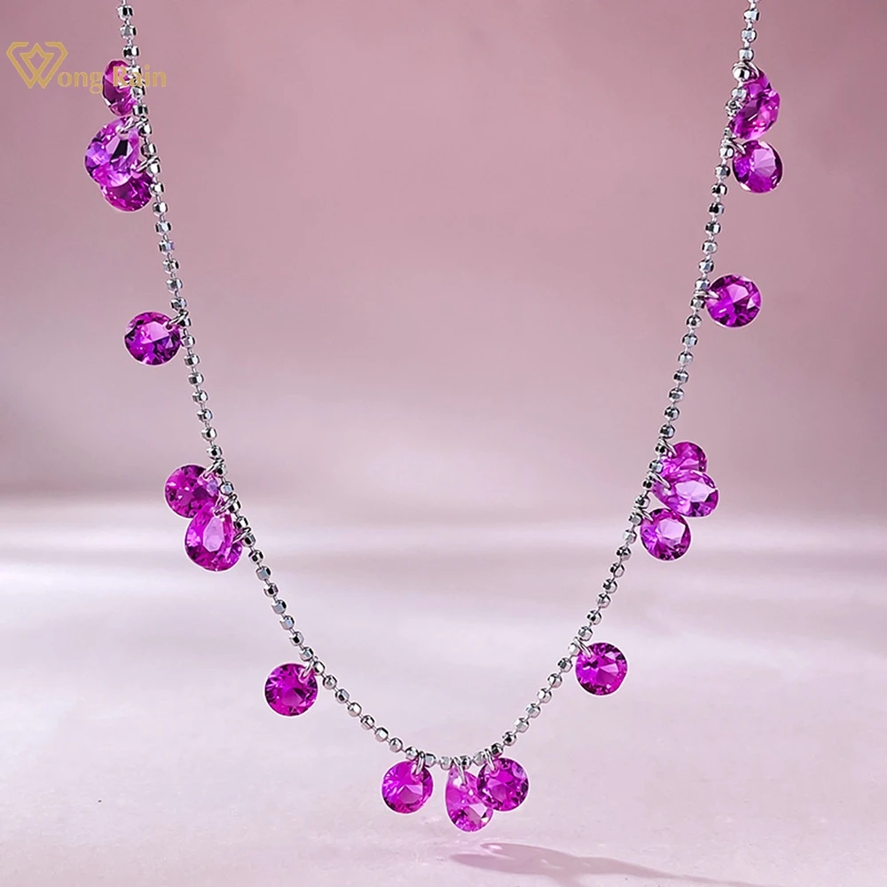 

Wong Rain 100% 925 Sterling Silver Round Cut Lab Pink Sapphire Gemstone Pendant Necklace for Women Jewelry Girls Gifts Wholesale