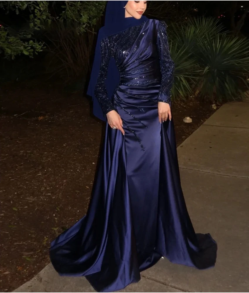 

Lzhk Customized Exquisite Satin A-Line Sequined Beading Evening Dress Temperament O-neck Long Sleeves Floor Length Party Gowns