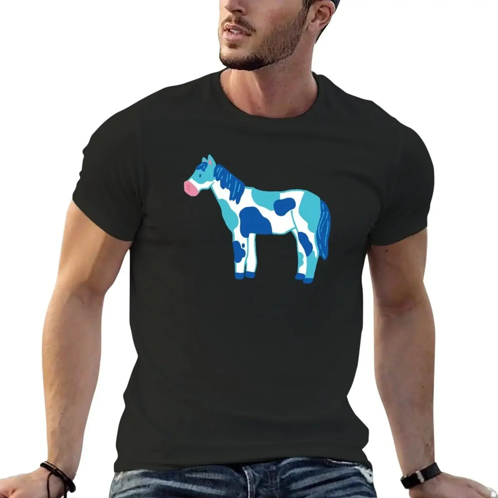 

Posca Blue Turquoise Horse T-Shirt blacks heavyweights summer tops aesthetic clothes funny t shirts for men