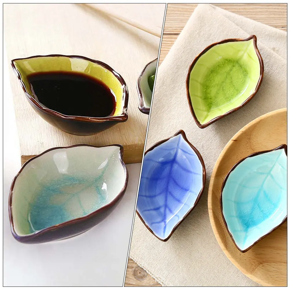 4Pcs Leaf Style Ceramic Sauce Dishes Multi-Functional Seasoning Bowls for Vinegar Soy Sauce Dipping Appetizers Side Plates