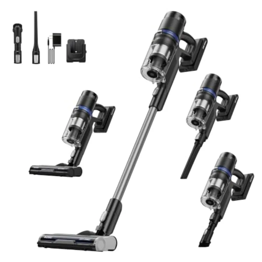 Cordless vacuum cleaner for home use, black ABS plastic, black color, anti-tangle brushroll and lightweight design for carpet a