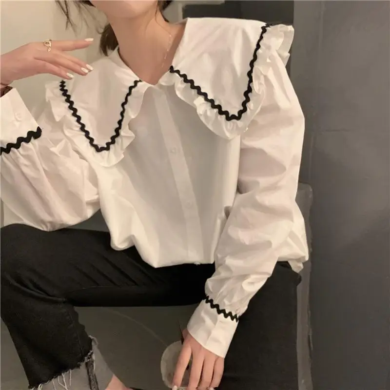 Spring New White and Black Loose Shirt Tops Long Sleeve Plus Size All-match Casual Blouse Fashion Korean Women Clothing