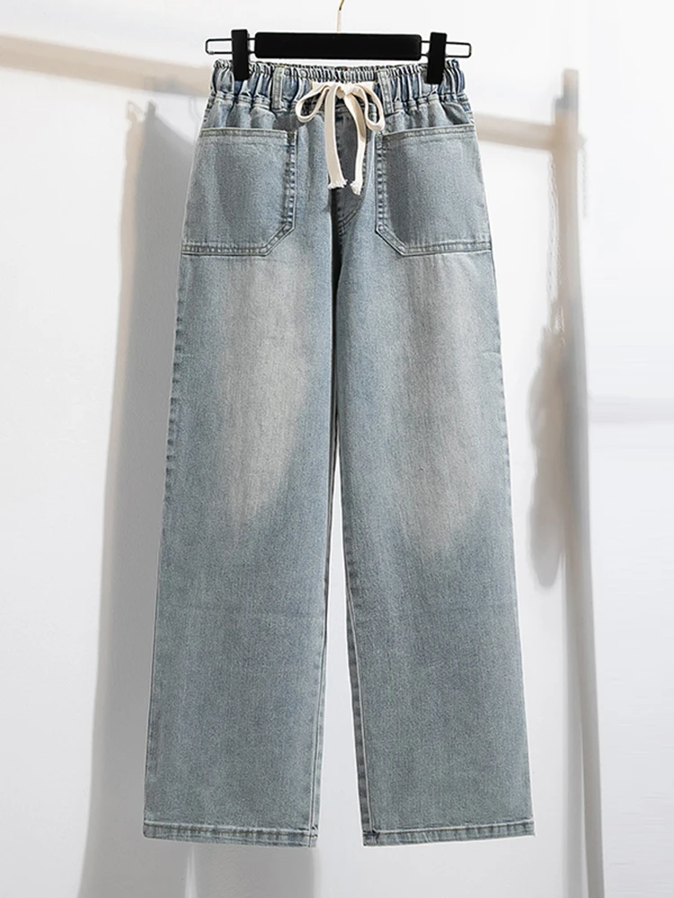 

Женские джинсы больших размеров, новинка 2025 года, прямые джинсовые брюки с высокой эластичной резинкой на талии и карманами, большие размеры, женские джинсы синего цвета с завязками