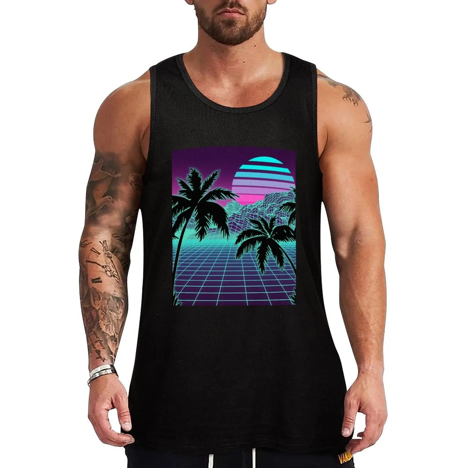 

Retro 80s Vaporwave Sunset Sunrise With Outrun style grid print Tank Top men gym vest men