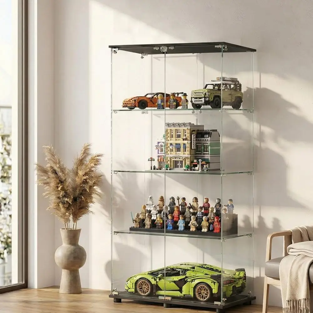 Double Door Glass Display Cabinet with Lock, 4-Shelf Curio for Collectibles, 31.7 W x 14.3 D x 64 H