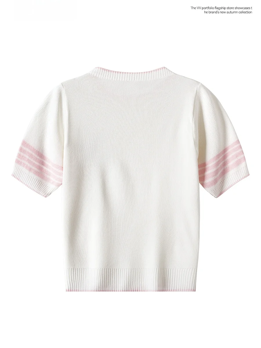 Korean Style Knitted Cartoon Dog round Neck Short Sleeve T-Shirt Women Summer Slimming White Base Shirt Top Commute Fashion