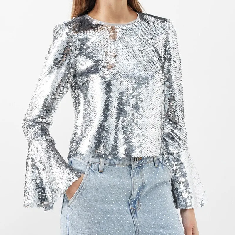 Street Style round Neck Long Sleeve Short Tshirt Bell Sleeve Shiny Personality Women's Fashion Spring Polyester Thin Model