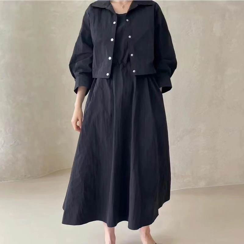 Johnature Spring Summer Women Loose Fashion Korean Dress With Long-sleeved Short Jacket Two-piece Casual Female Dresses 2024 New