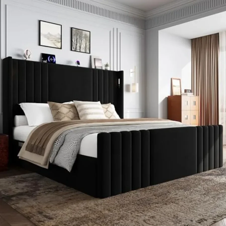 55 Tall Size Platform Bed Frame with 2 Reading Lights for bedroom use, engineered wood in walnut finish, sleek modern design wi