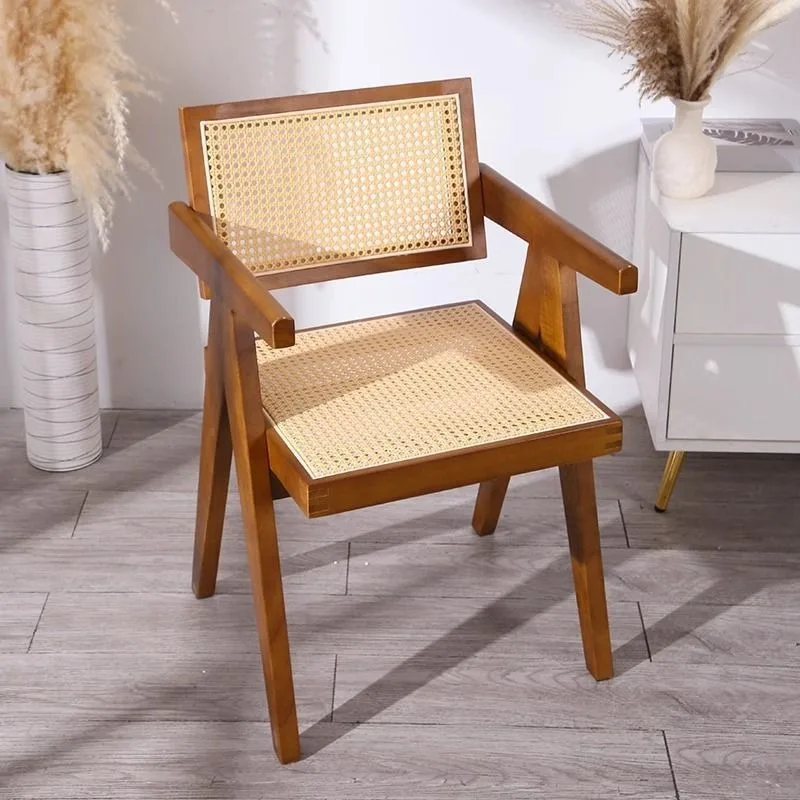 Modern Wooden Armchair with Rattan Design for Dining and Living Room Furniture Mid-Century Dining Chair with Wooden Legs