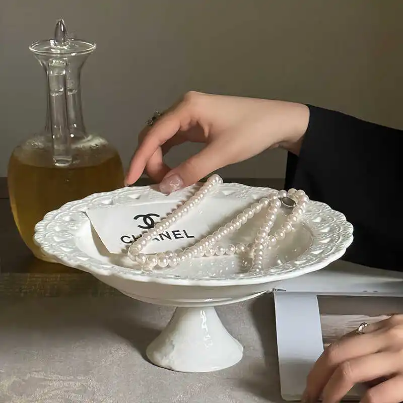 

French Style Retro Ceramic High Footed Tray Cake Dim Sum Plate Dish Jewelry Storage Tray Dessert Fruits Salad Plate
