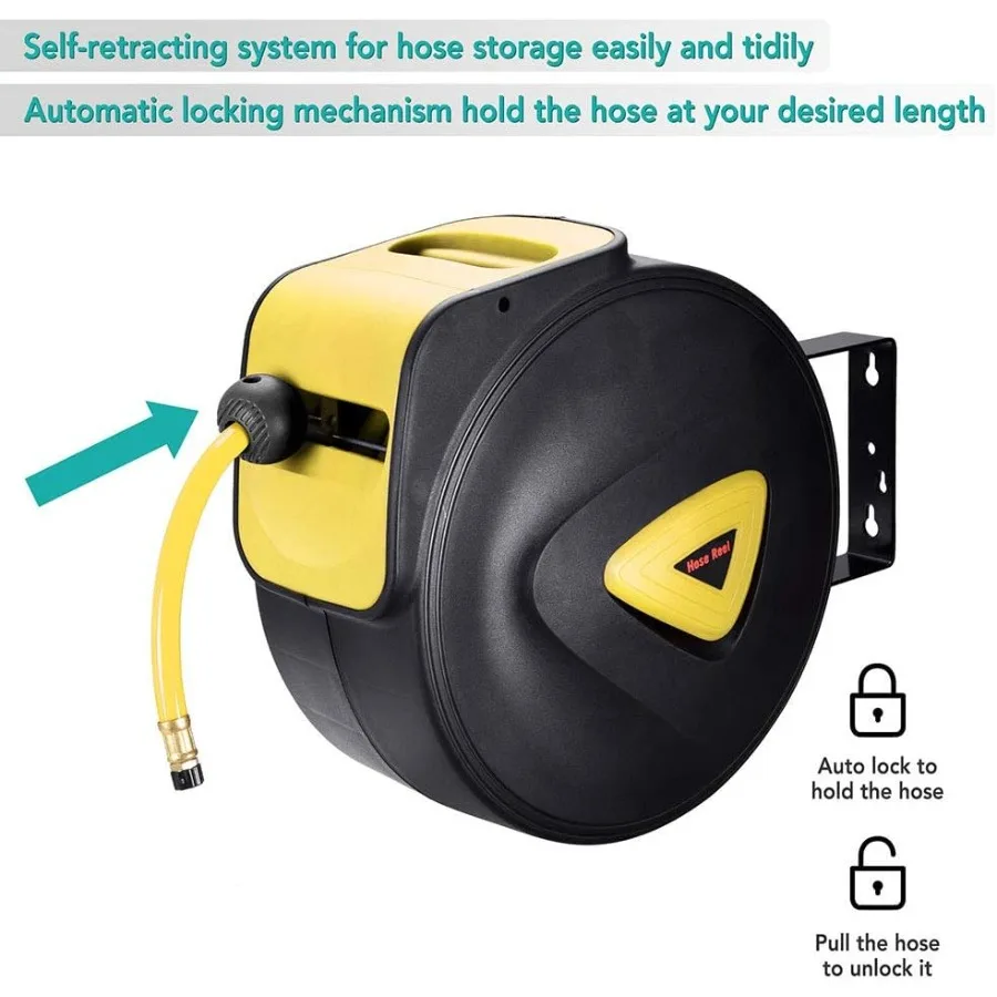 ม้วนเก็บสายลมอัตโนมัติแบบยืดหดได้ 65'x3 8 นิ้ว ติดผนัง สำหรับโรงงานอุตสาหกรรมและโรงรถ พร้อมระบบม้วนเก็บอัตโนมัติ