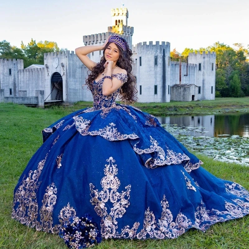 

Темно-синие блестящие платья Quinceanera с открытыми плечами, бальное платье, корсет, аппликация, кружевные бусины, платье принцессы, платья 15 quinceañ