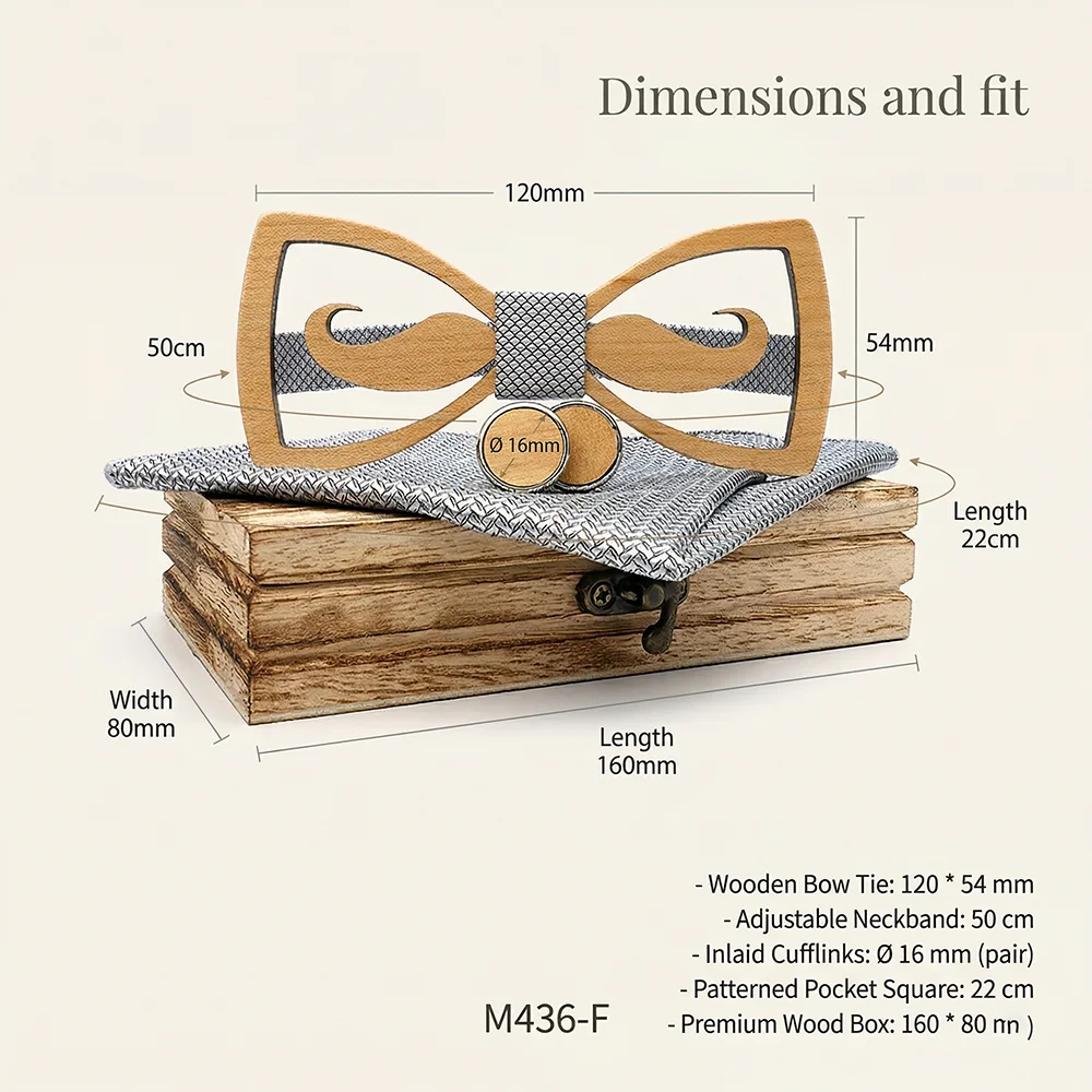 Mens Wood Bow Tie Set Cufflinks Pocket Square Lapel Pin Box - Minimalist Wooden Fashion Accessories Anniversary Husband Gift