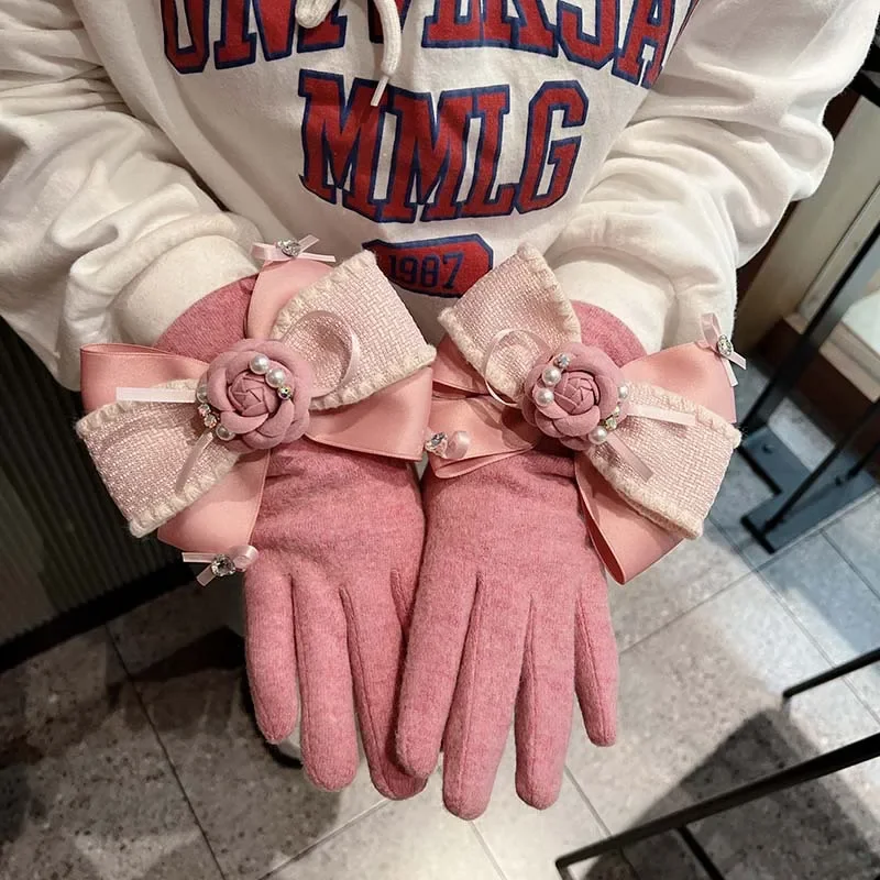 Luxury Gloves for Women Winter Cashmere Big Bowknot Flower Gloves Black Pink Touch Screen Female Gift