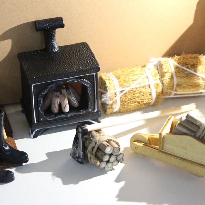 Dollhouse Miniature Furniture LED Lighted Fireplace/Hoe/Straw Bales/Firewood/Wooden Trolley Mini Exquisite Winter Model Accessoy