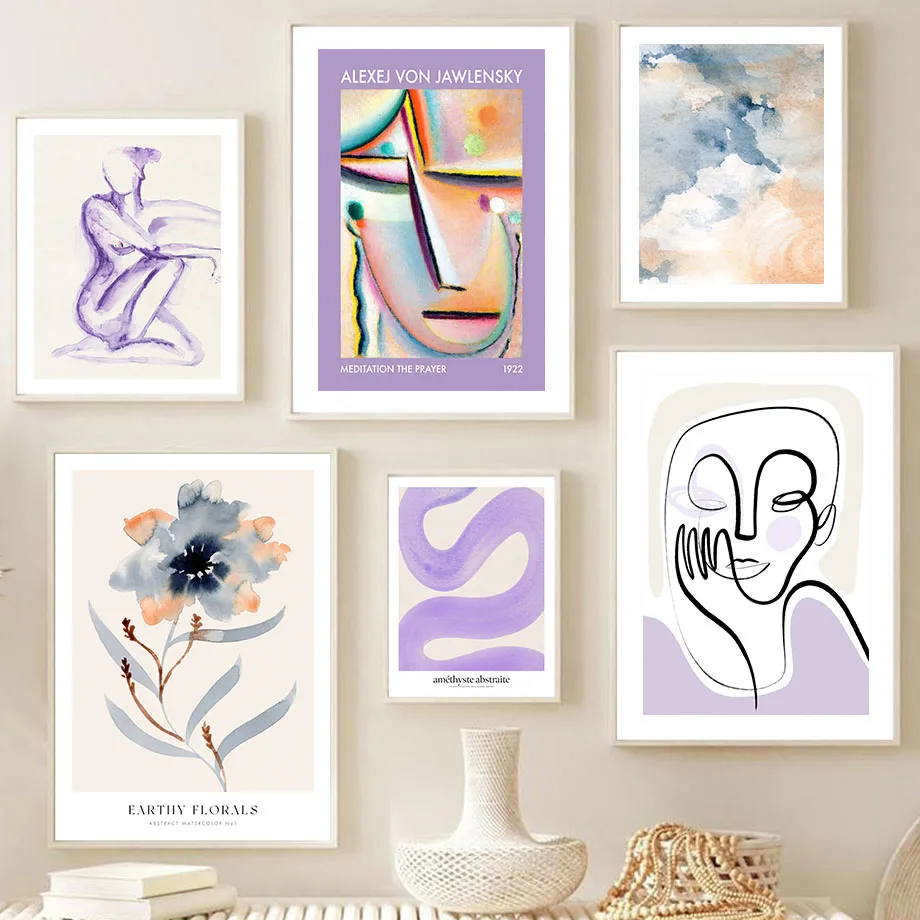 Abstract Face Meditation Prayer Purple Woman Body Nordic Poster Wall Art Print Canvas Painting Pictures For Living Room Decor