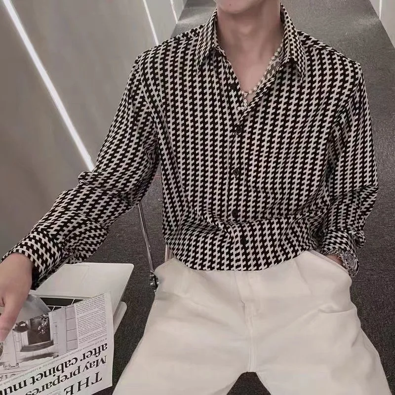 Male Houndstooth Smart Business Office Formal Shirt Top Men Sexy Handsome Elegant Gentlemen Plaid Senior Drape Streetwear Blouse