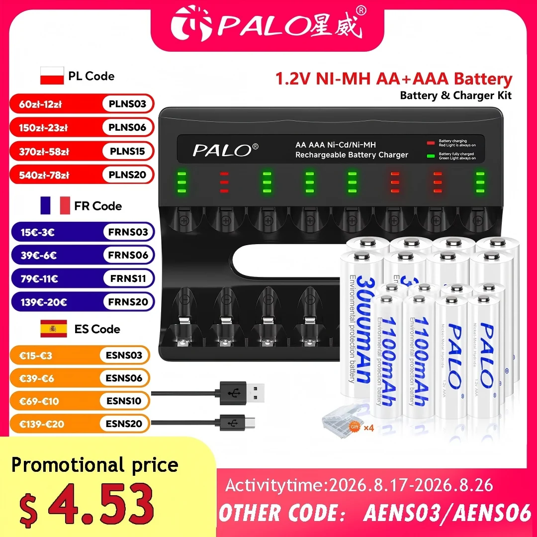Baterias Recarregáveis NIMH 1.2V AA AAA 2A 3A + Carregador Rápido USB-C com 8 Slots e Cabo para Lanterna, Brinquedos e Controle Remoto