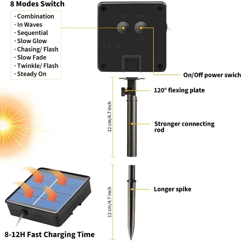 1 Satz Solar-Lichterkette für den Außenbereich, wasserdicht, 8 Modi, Kupferdraht, Märchenlicht, Weihnachtslicht, verwendet für den Garten im Freien