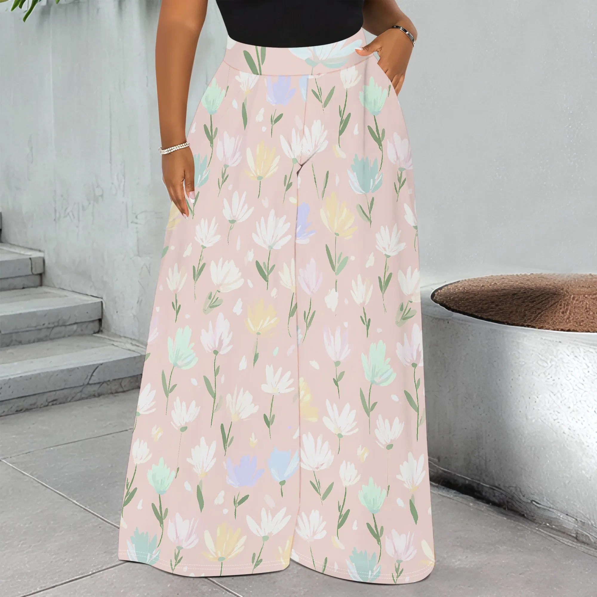 

Floral Print Wide Leg Pants Pastel Flower Pattern Trousers High Waist Pocket Palazzo Pants for Women