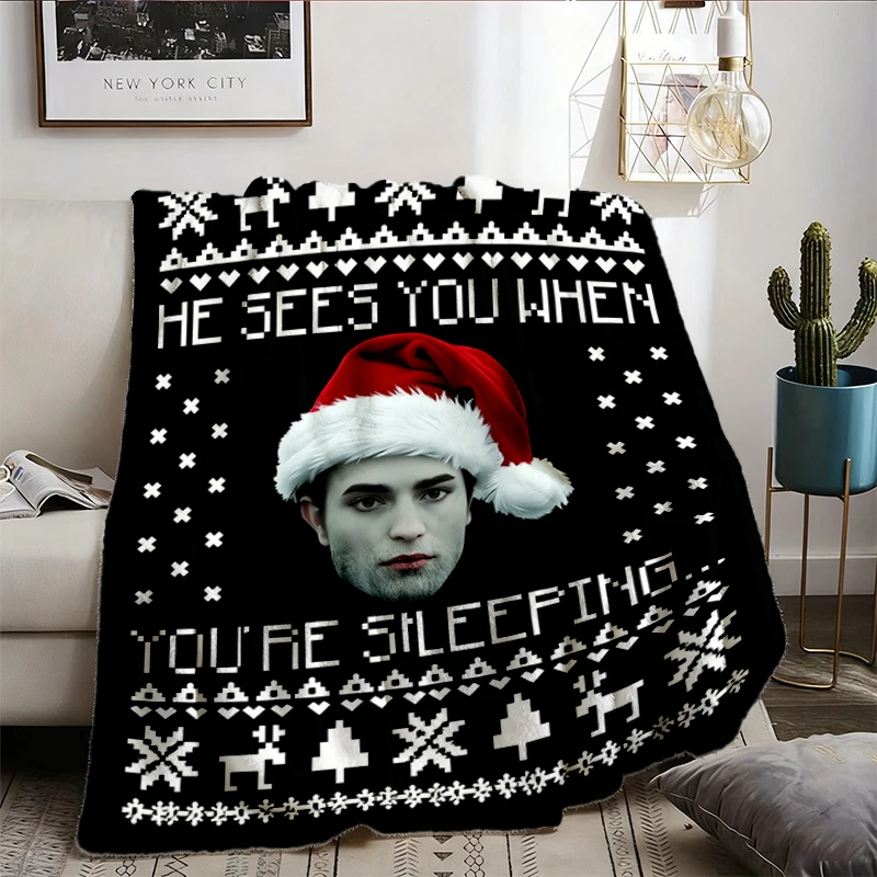 He Sees You When You're Sleeping Christmas Vintage Cozy Blanket, Fans Christmas Warm Blanket, Edward Cullen Soft Blanket