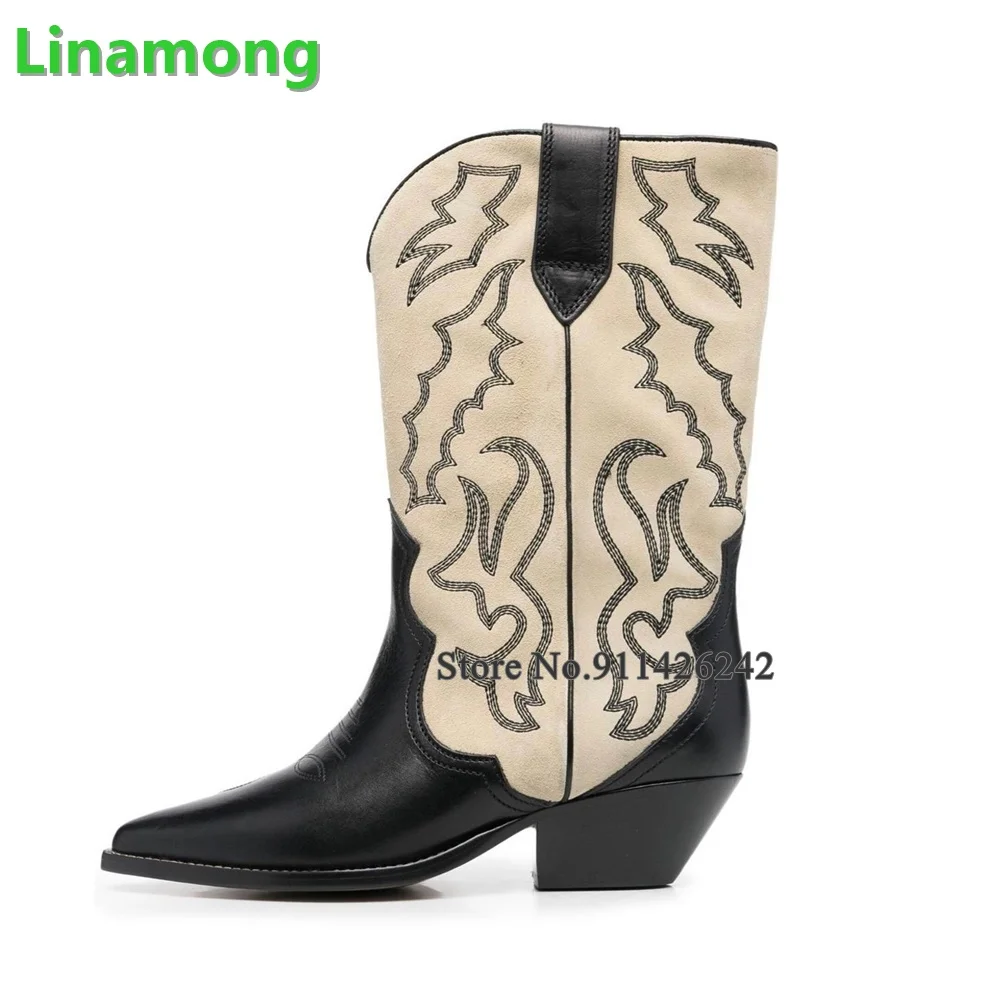 Embroidery Mixed Color Cowboy Boots For Female Women Chunky Heel Pointed Toe 2024 New Arrivals Slip-on Fashion Elegant Shoes