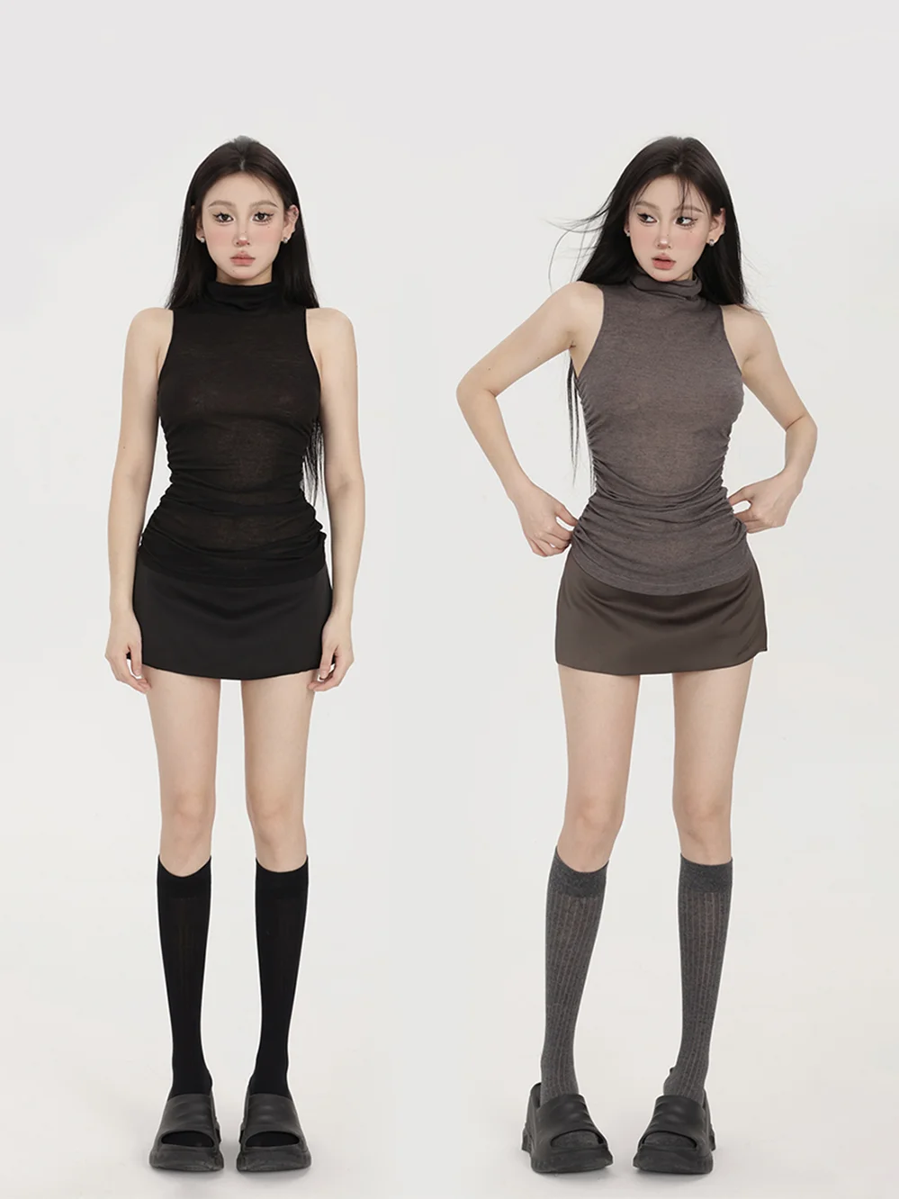 

PEMPL женский полупрозрачный плиссированный жилет с высоким воротником и высокой талией, двухцветный утягивающий внутренний костюм, весна-лето, новинка S...