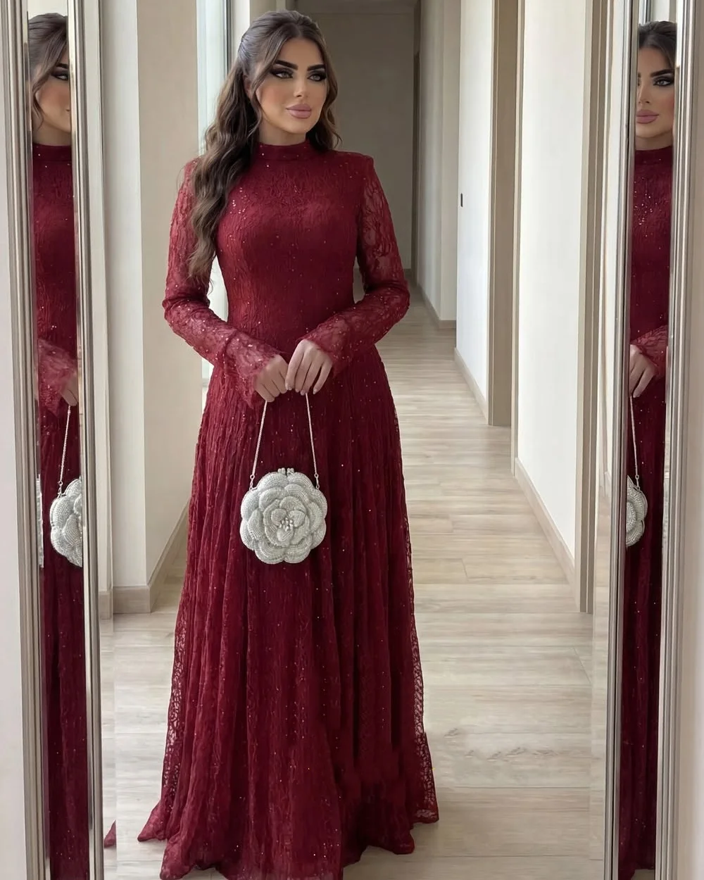 

Customized High Quality Women Lace Sequined Beading A-line Evening Dress Modern Style Sexy High Collar Long Sleeves Party Gowns