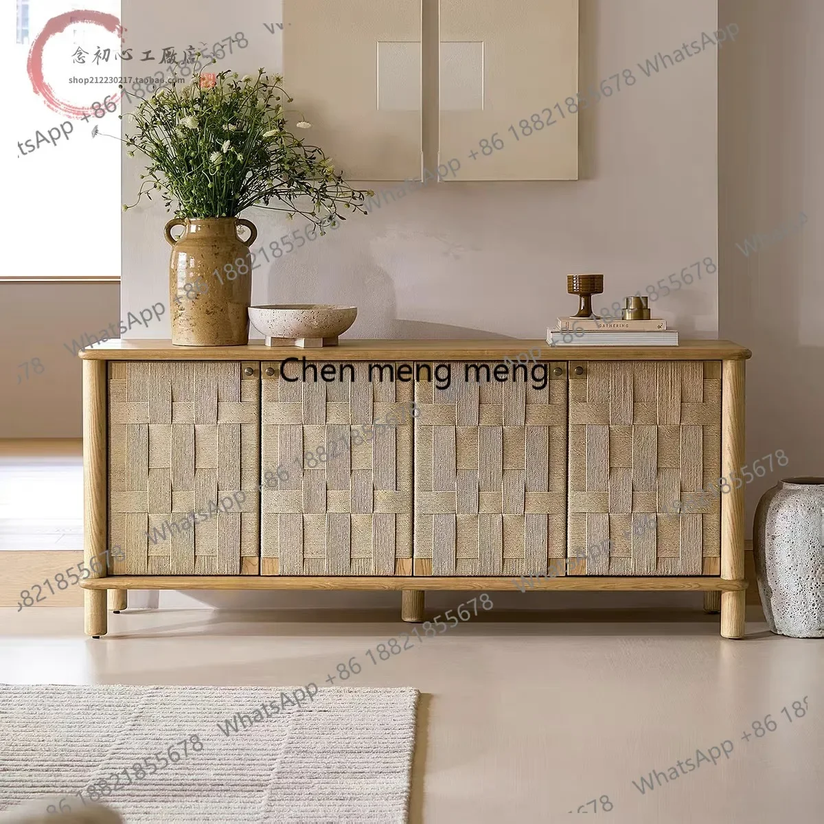 

French retro solid wood dining side cabinet log wind braided rope living room locker medieval shoe cabinet