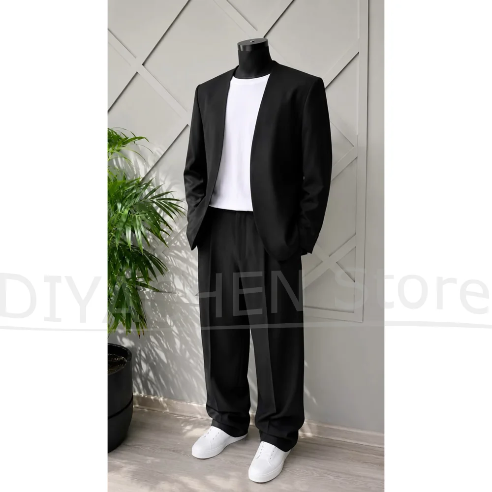 Fashion Collarless Men Suit 2 Piece Open Front Blazer With Trousers Wedding Groom Party Business Casual Streetwear Outfit