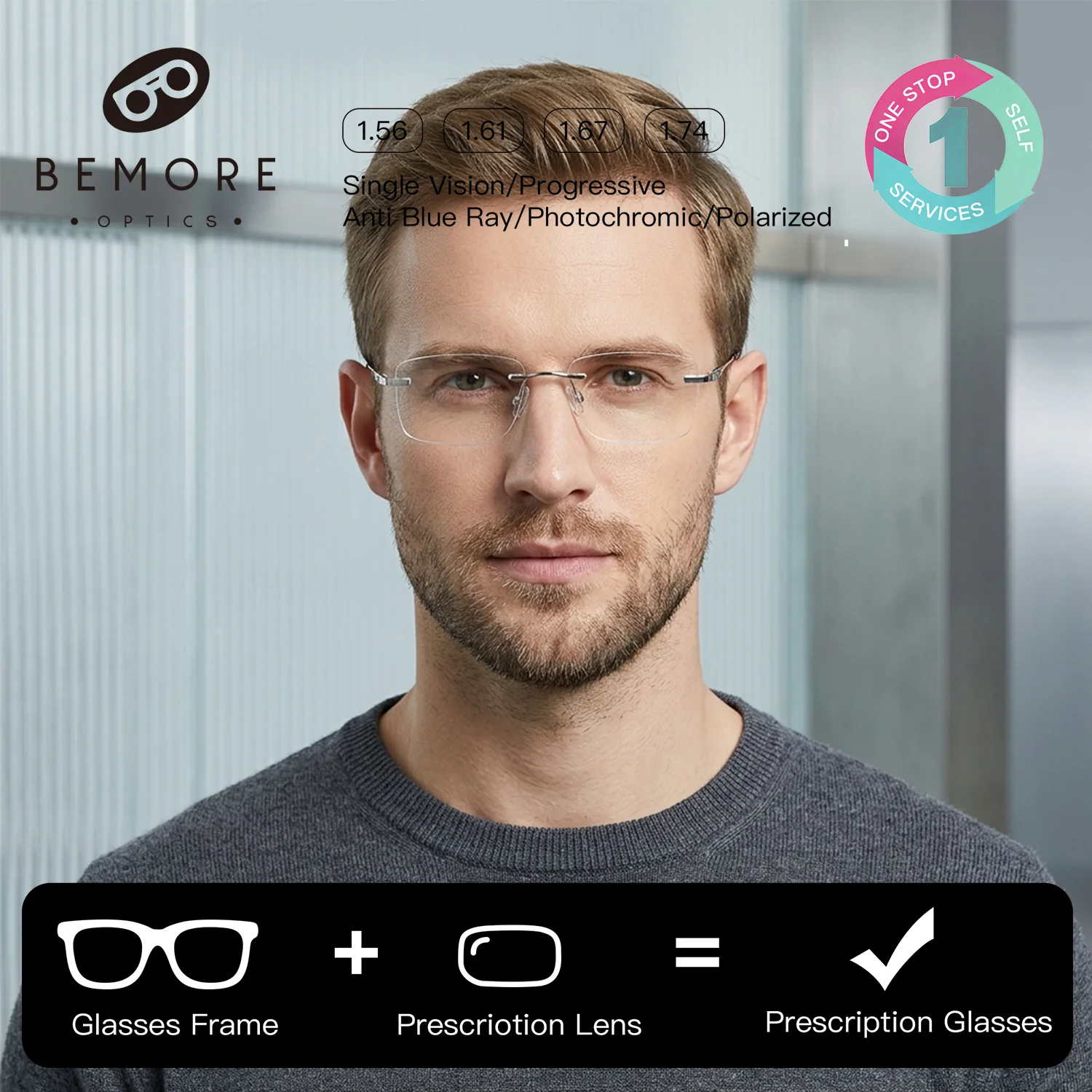 

BEMORE Customised Men Women Unisex Rimless Glasses Prescription Alloy Photochromic Anti Blue Light Eyeglasses