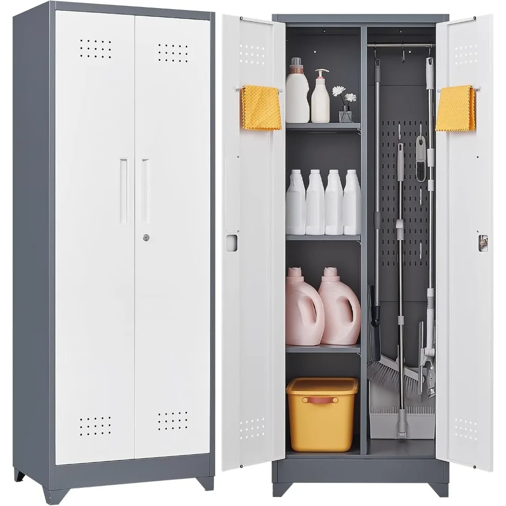 

Broom Closet Storage Cabinet with Locking Doors,Metal Storage Cabinet with Shelves and Hanging Rod,Cleaning Tool Cabinet for Ba