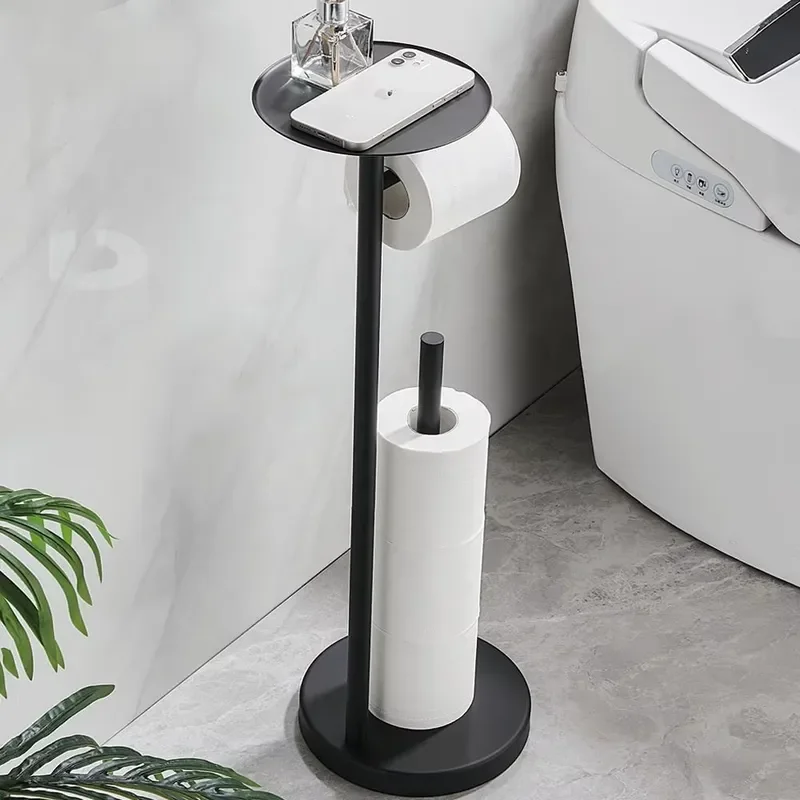 Black Gold Metal Floor Standing Toilet Paper Holder with Phone Shelf Weighted Base Tissue Roll Dispenser Tower for Bathroom