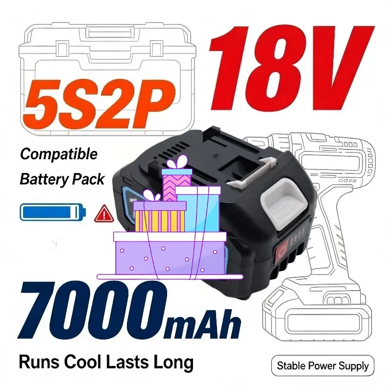 18V 7000mAh Compatible Power Tool Battery, 5S2P Cell Structure, Low Internal Resistance, Long‑Lasting, Anti‑Overheating