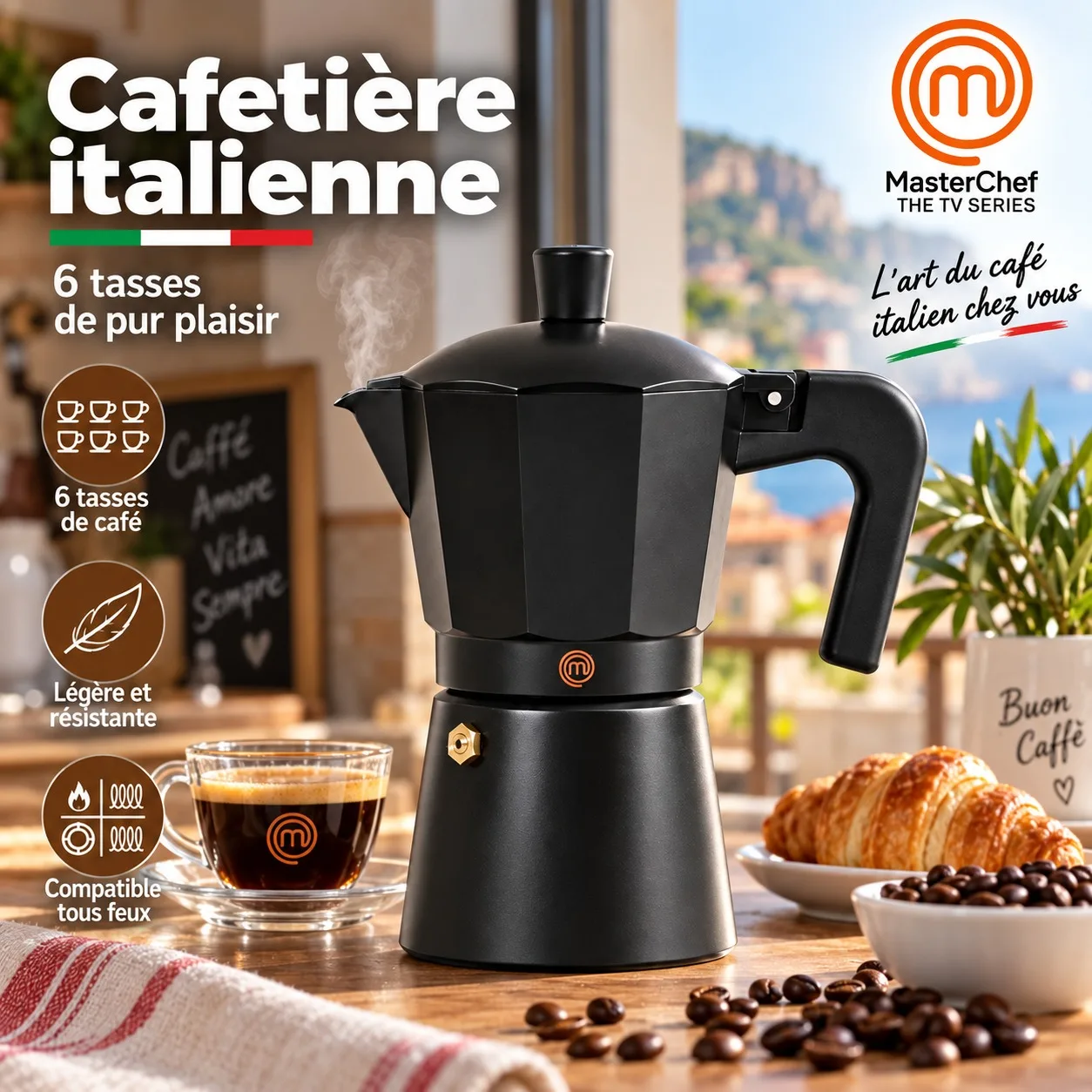 Cafetera italiana Moka para 6 tazas, de metal y aluminio, de diseño tradicional, ideal para preparar café espresso en todo tipo de estufas. Dimensiones: 16,3 x 10 x 18 cm.