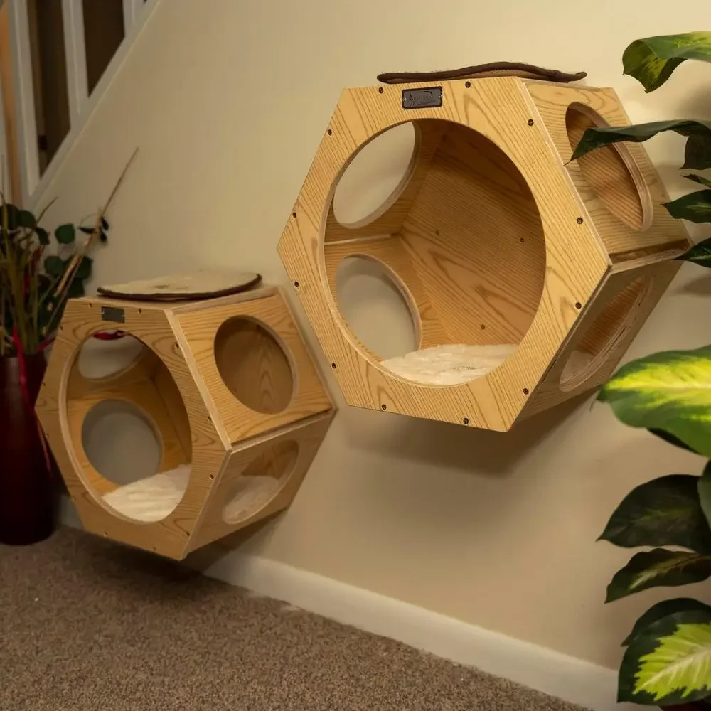 Dual Cat Shelves - Natural Beige, 20x12x18, Space-Saving Wall Mount for Cats