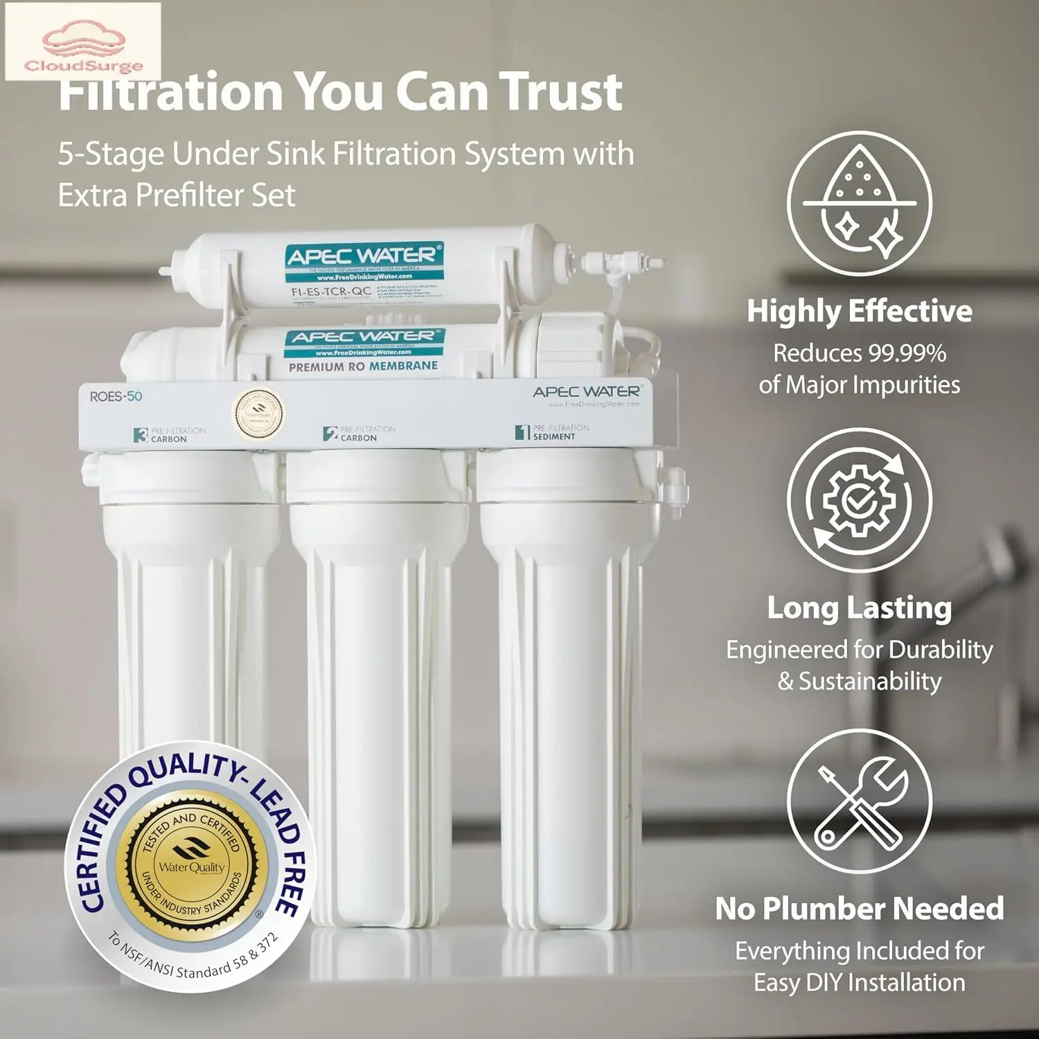 

Systems ROES-50 Essence Series Top Tier 5-Stage WQA Certified Ultra Safe Reverse Osmosis Drinking Water Filter System