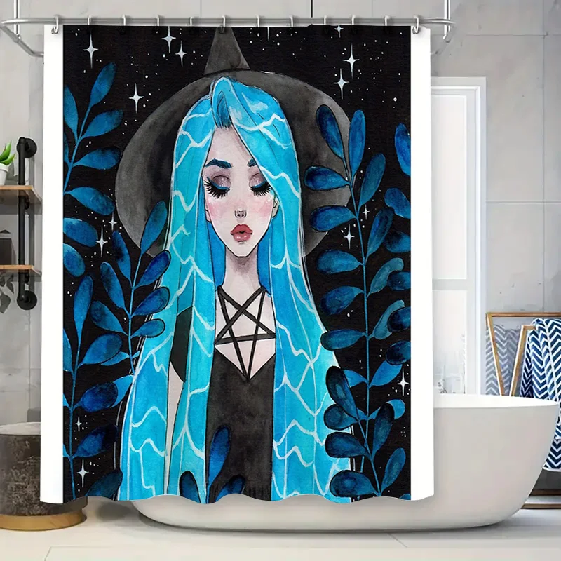 

Gothic Bathroom Decor Shower Curtain Dark Blue Witch Aesthetic Home Decor Halloween Spooky Room Divider Washable Vintage