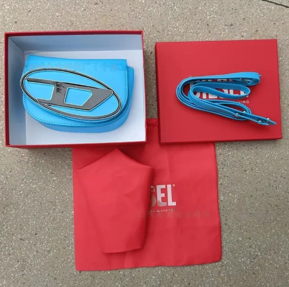 Gift Box Set Bright Blue Oval D Logo Mini Handbag Matching Crossbody Strap Dust Bag Y2K Women Shoulder Purse