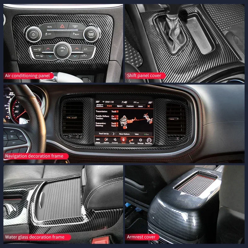 Central Control AC Gear Shift Cup Holder Headlight Switch Button Panel Cover Trim 5pcs For Dodge Charger 2015-2023