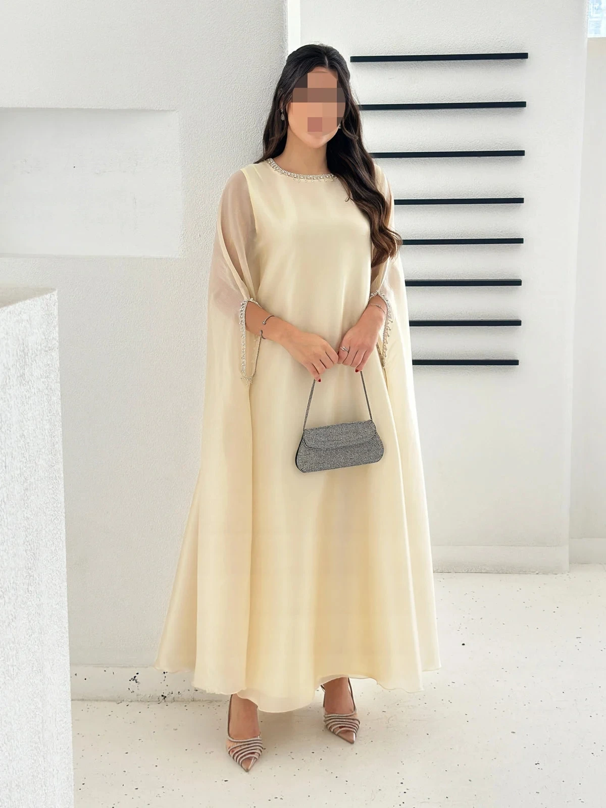 Elegant Champagne Chiffon O-Neck Prom Dresses Muslim Arabian Dubai Abaya For Ramadan Middle Eastern Arab style For Women 2024