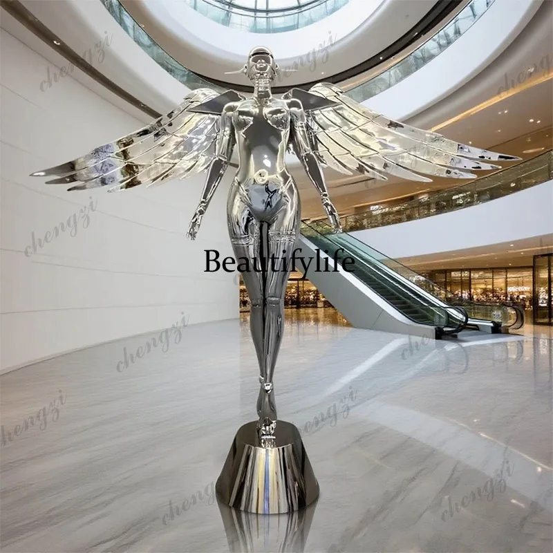 A74 Future Angel Wings Humanoid Statue Floor Lamp Electroplating Punk Art Home Decoration Ornament